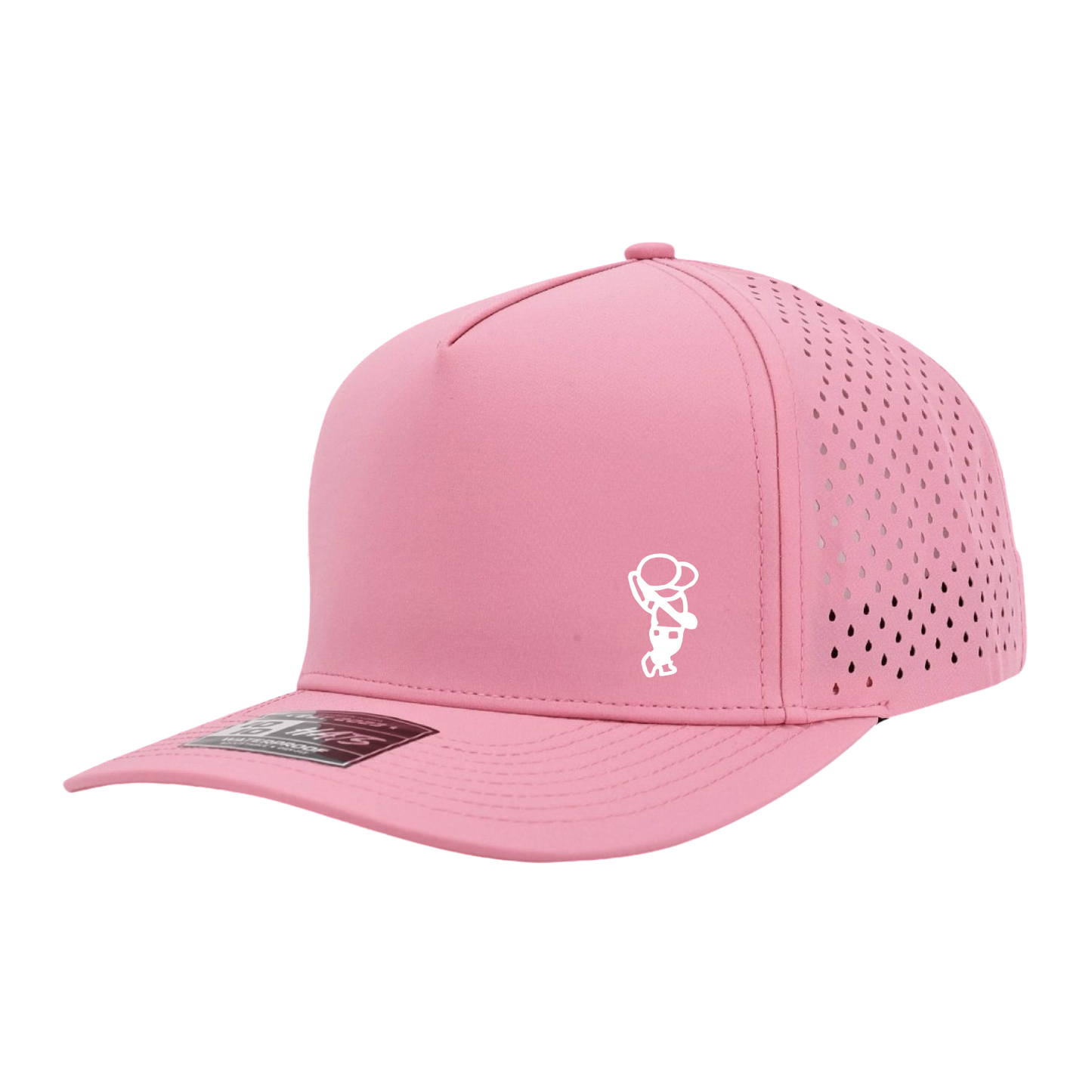 GolferBro pink performance snapback cap with laser-cut perforated side panels and a white logo on the front