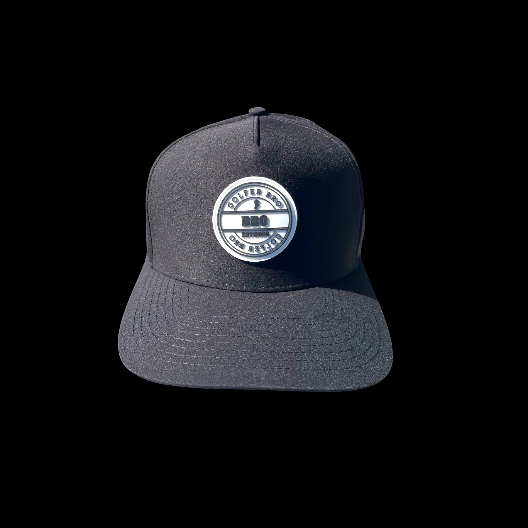 GolferBro black polyester and spandex performance cap with perforated side panels and a curved bill.