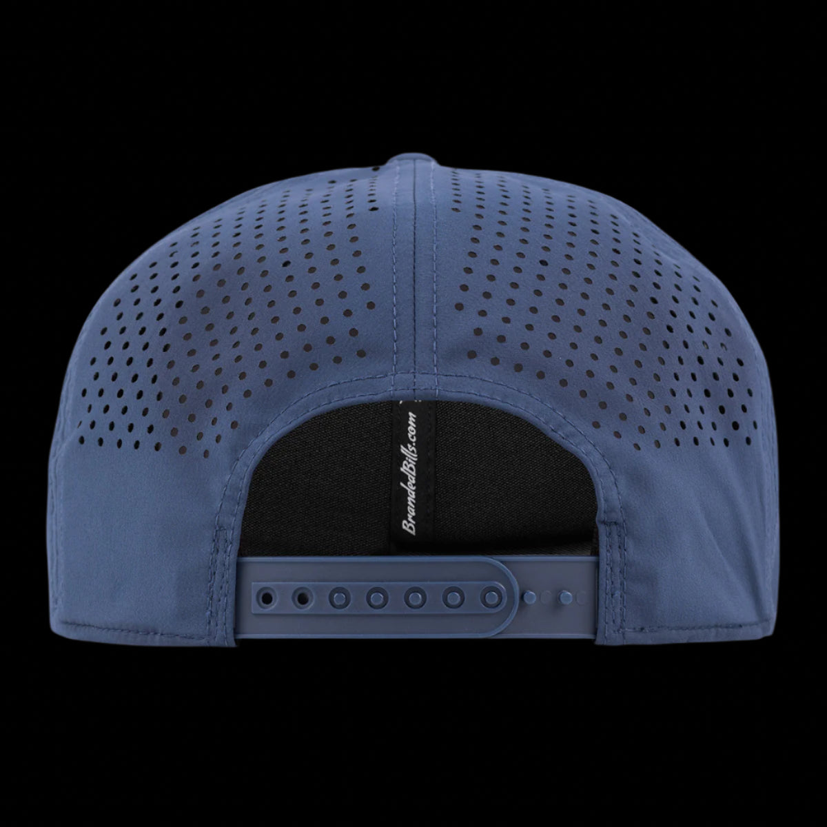 GolferBro blue performance cap back view showing laser-cut ventilation holes and adjustable snapback closure