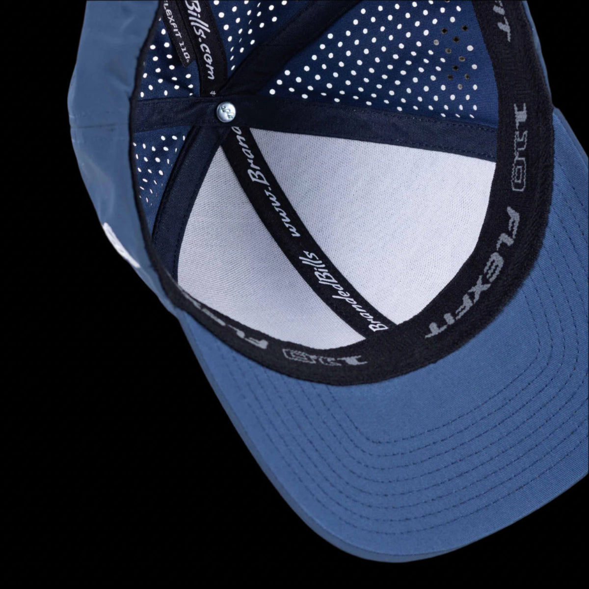 Interior view of a GolferBro performance cap showing navy blue perforated fabric and Flexfit sweatband
