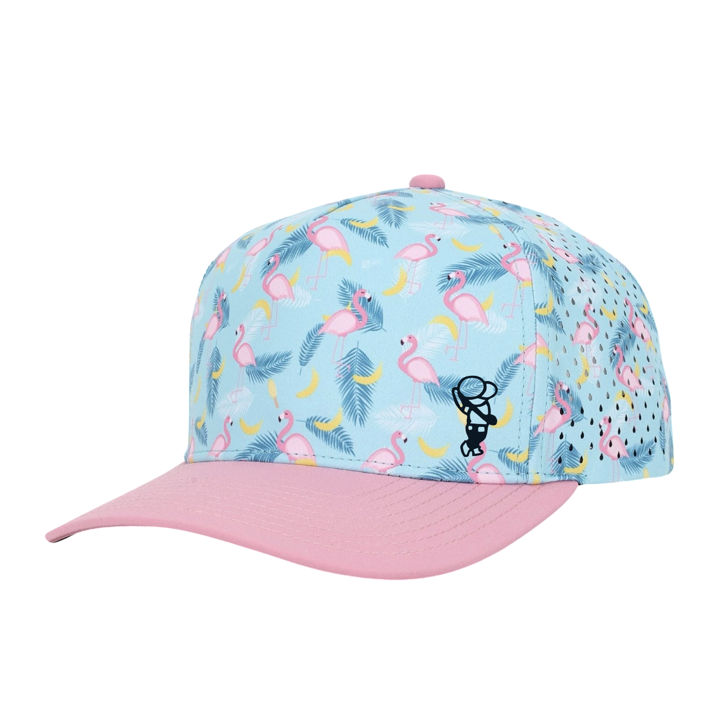 GolferBro performance snapback cap with light blue flamingo print, pink brim, and perforated side panels.