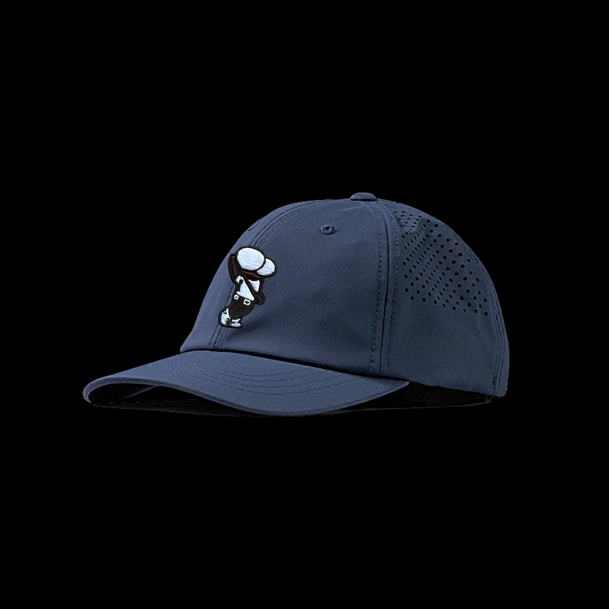 GolferBro performance cap in navy blue with laser-cut ventilation and a small embroidered patch on the front