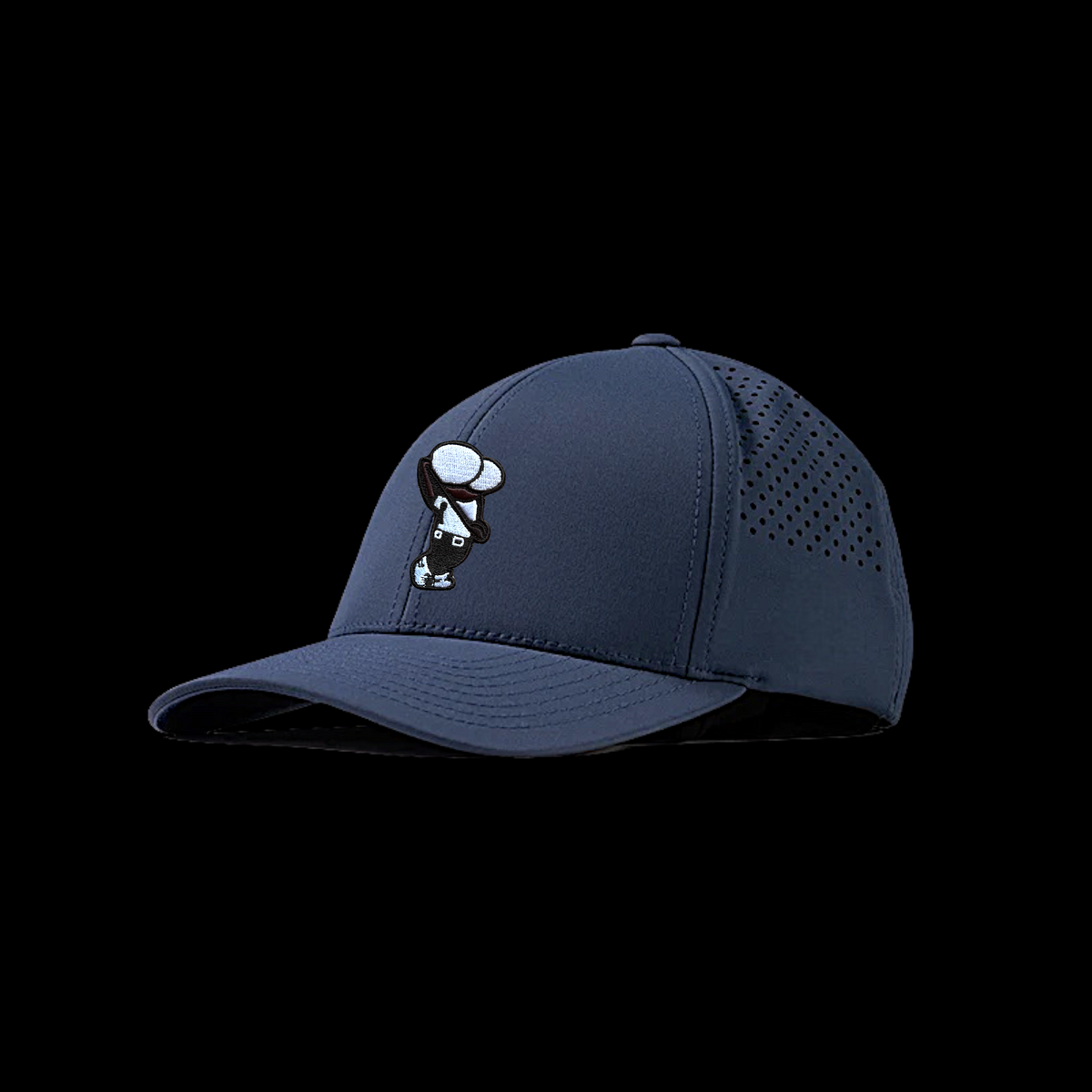 GolferBro navy blue performance cap with side ventilation holes and embroidered patch logo
