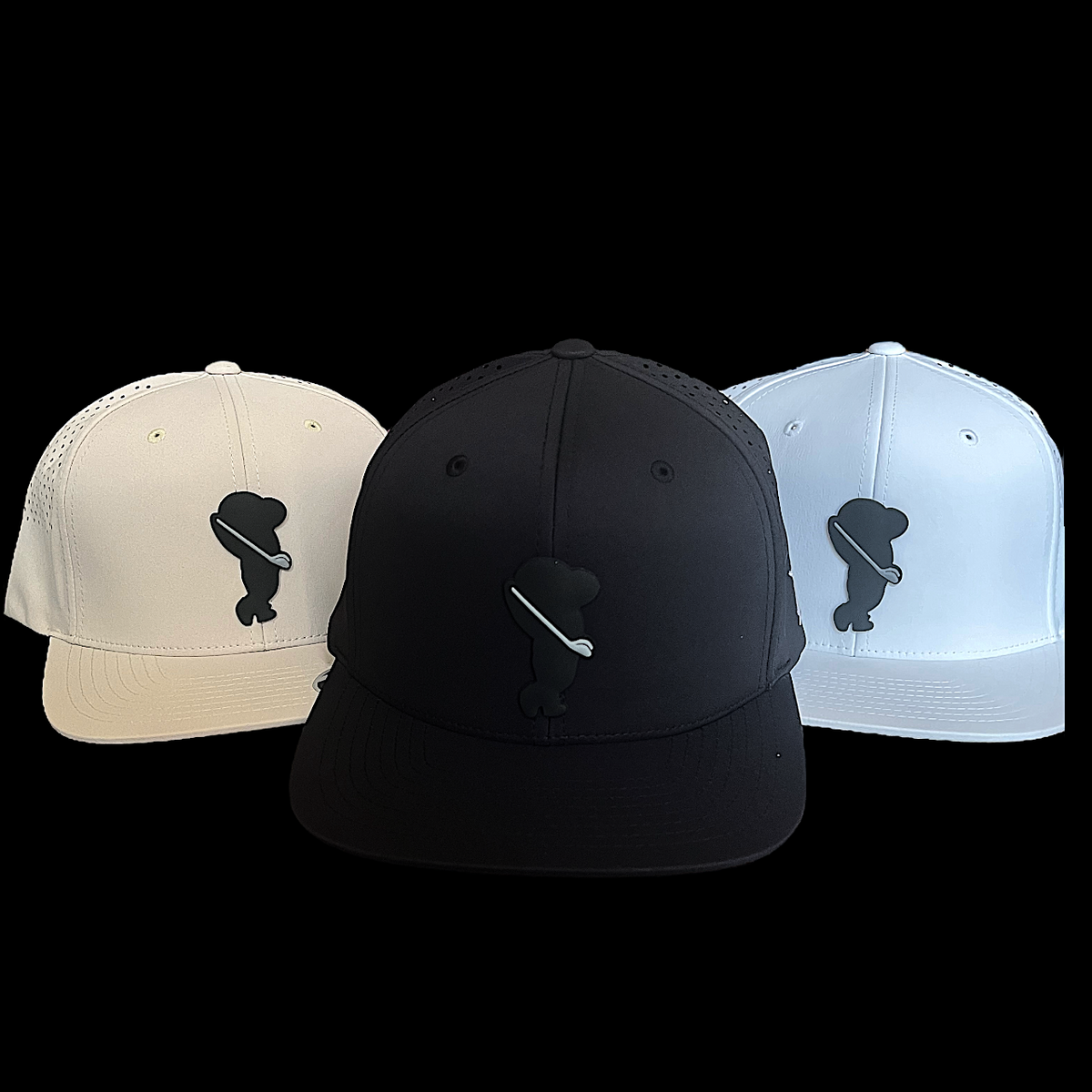 GolferBro performance caps in beige, black, and white with a golfer bear patch, featuring lightweight flexfit design.