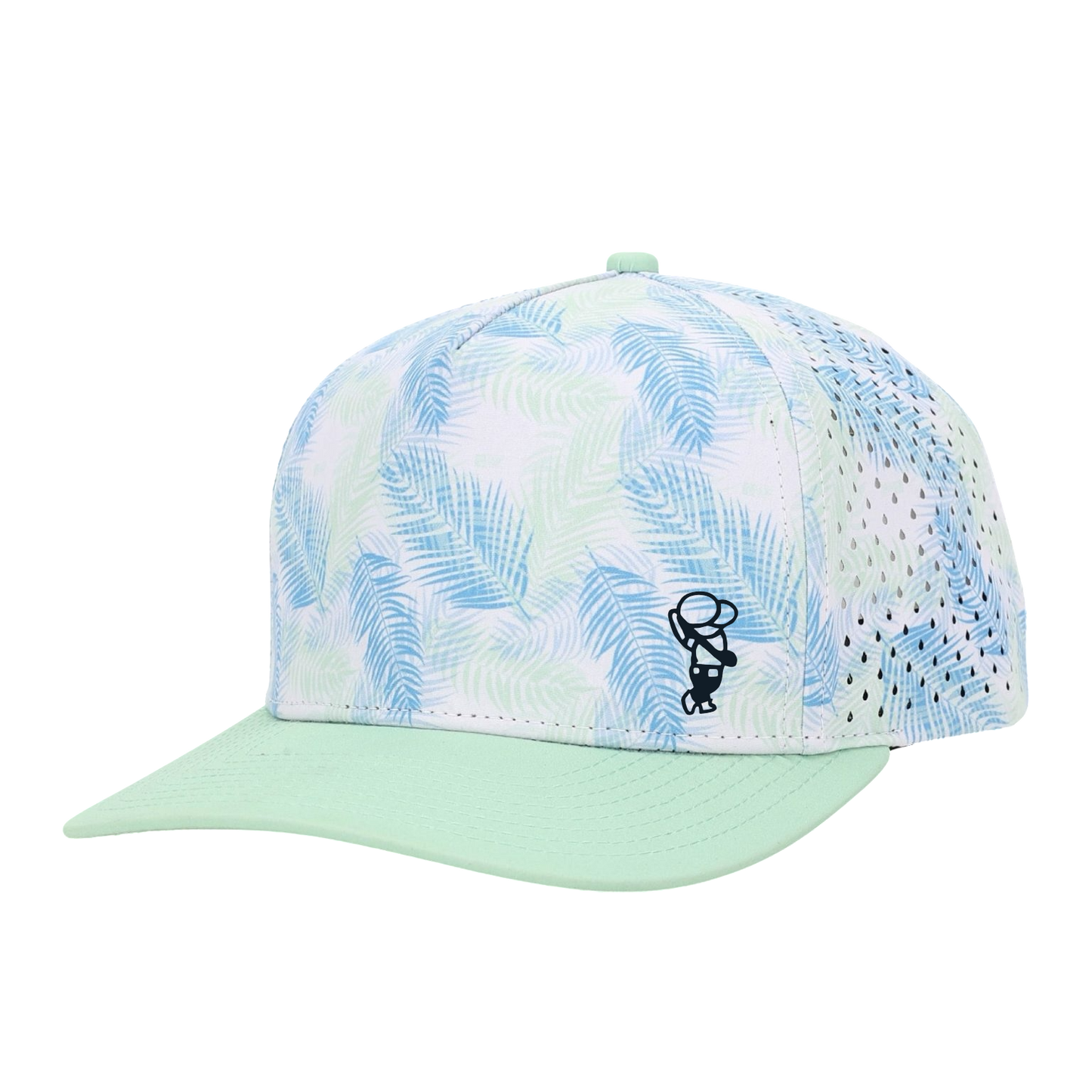 GolferBro performance snapback cap with blue and green palm leaf print, perforated side panels, and mint green brim.