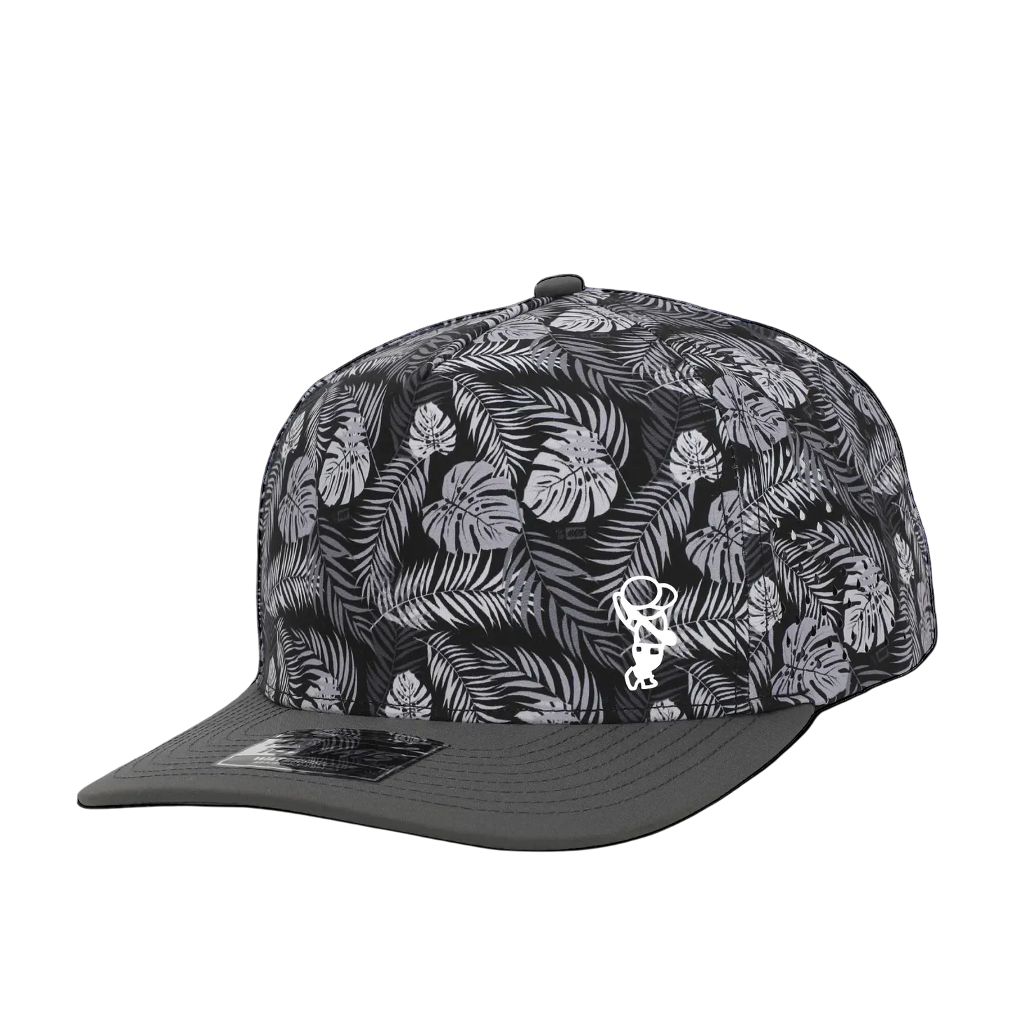 GolferBro performance snapback cap in black and grey with a tropical leaf pattern and a white PVC logo on the front.