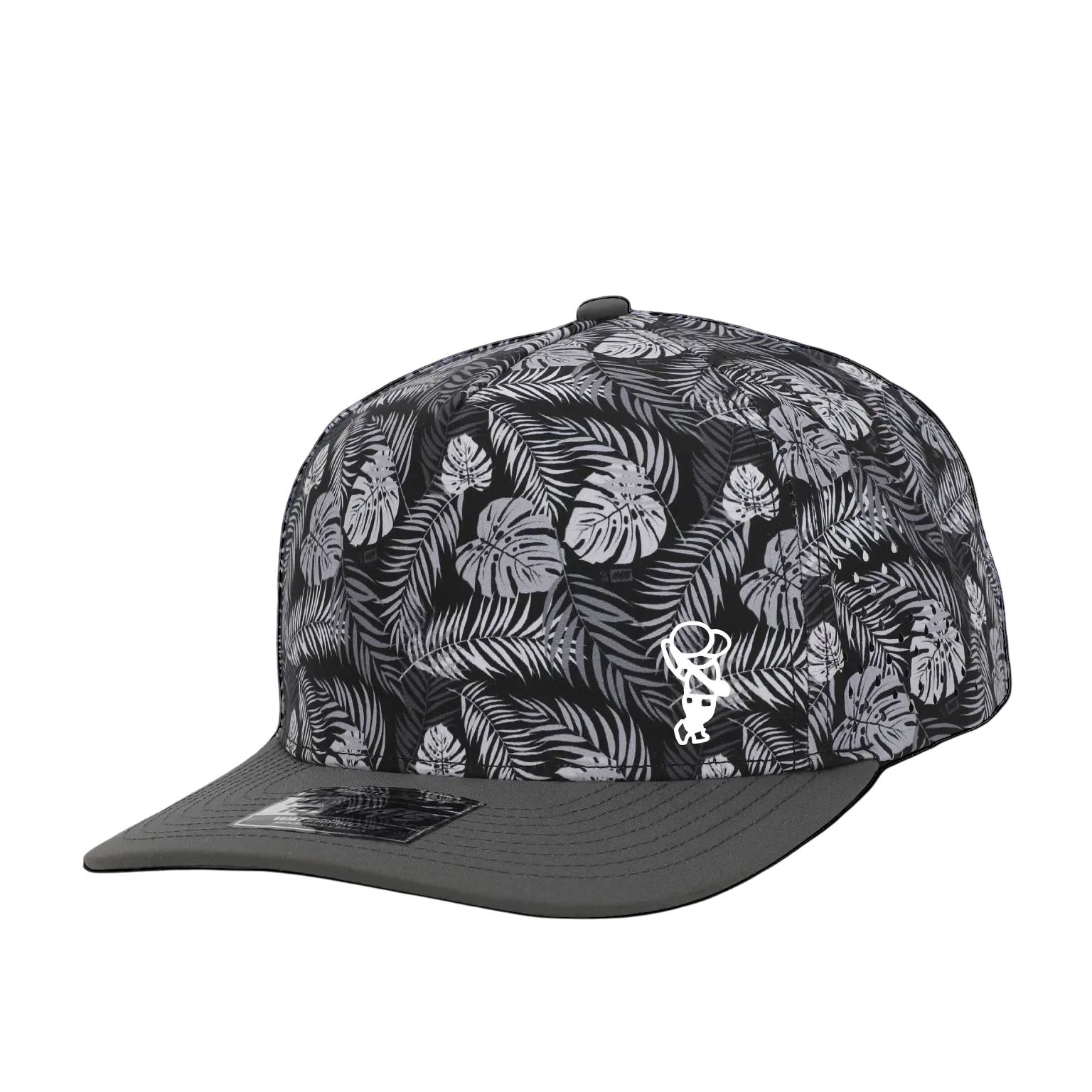 GolferBro performance snapback cap in black and grey with a tropical leaf pattern and a white PVC logo on the front.