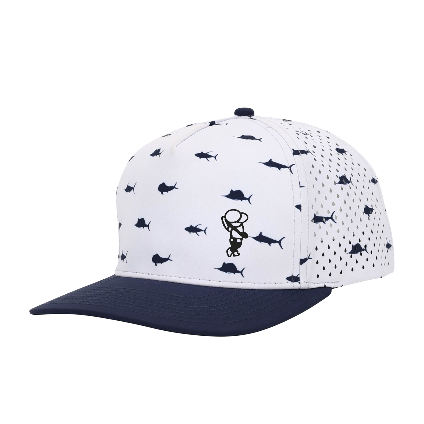 GolferBro white performance snapback cap with navy blue fish pattern, perforated side panels, and navy curved bill.