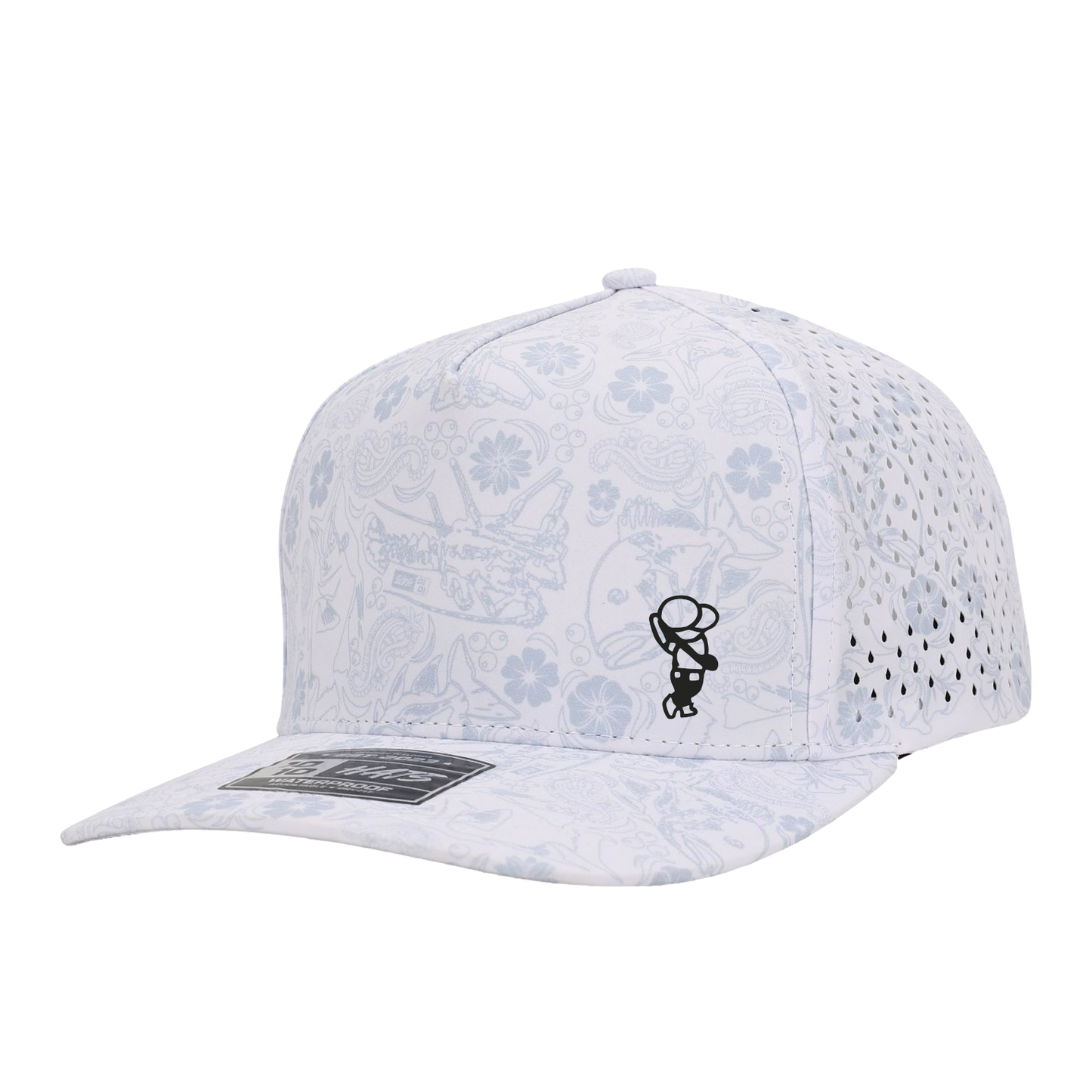 GolferBro white performance snapback cap with floral paisley print, perforated side panels, and PVC logo detail.