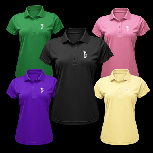 GolferBro women's performance polo shirts in green, pink, black, purple, and yellow with moisture-wicking fabric.